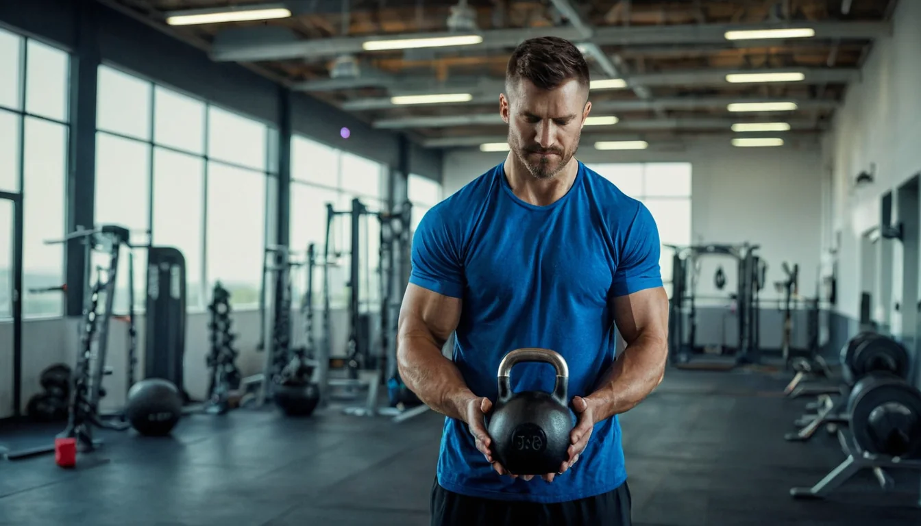 A focused man holding a kettlebell in a well-lit gym with exercise equipment.