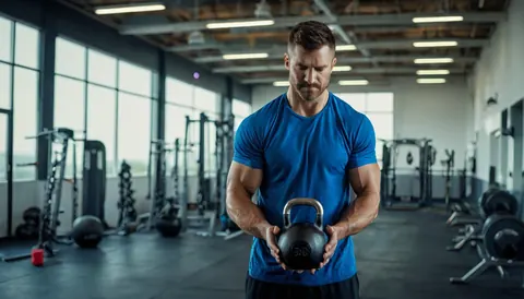 A focused man holding a kettlebell in a well-lit gym with exercise equipment.