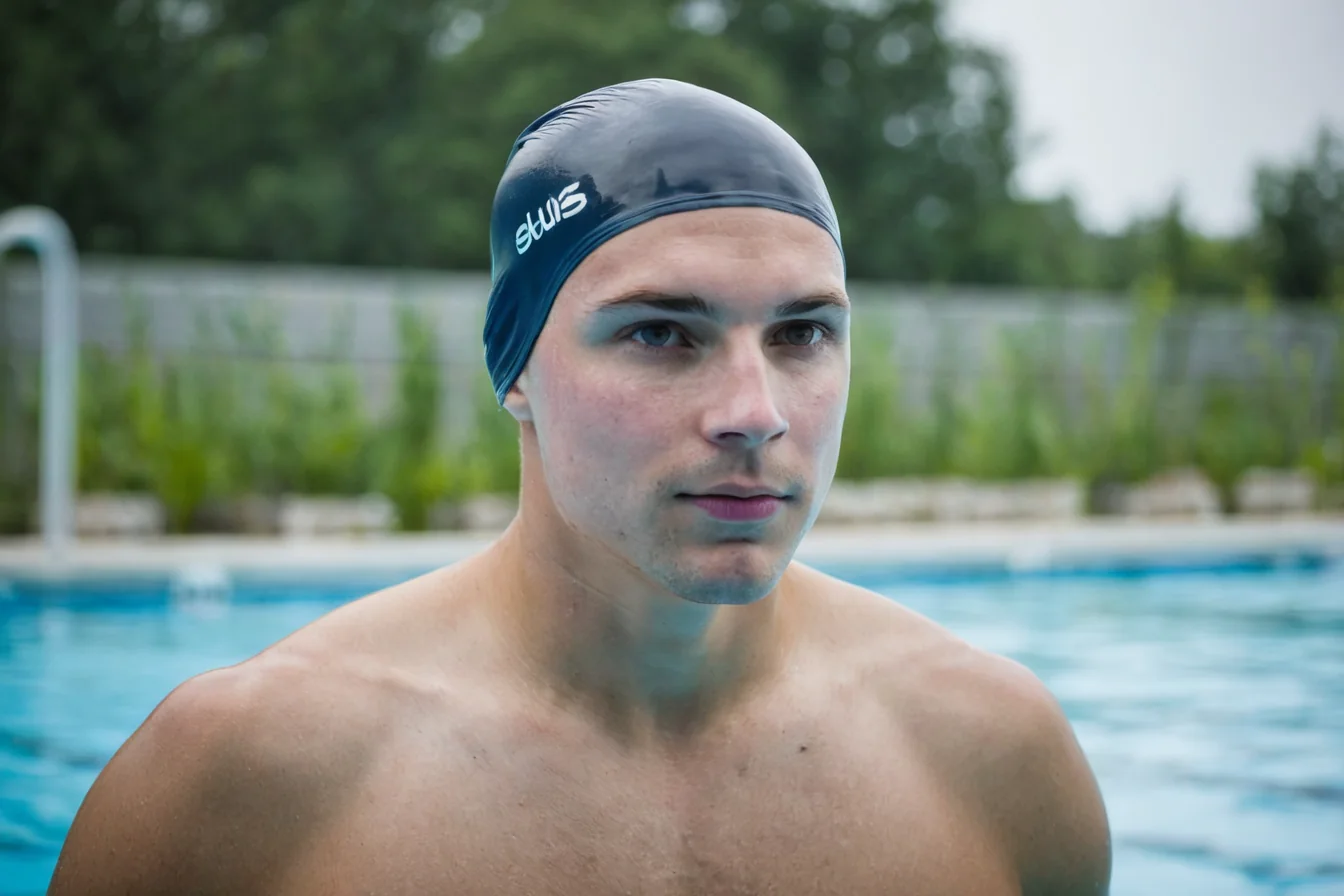 A male swimmer in a blue cap standing in a swimming pool