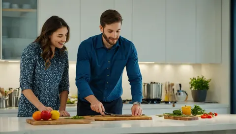 A man and woman happily chopping vegetables together in a modern kitchen.