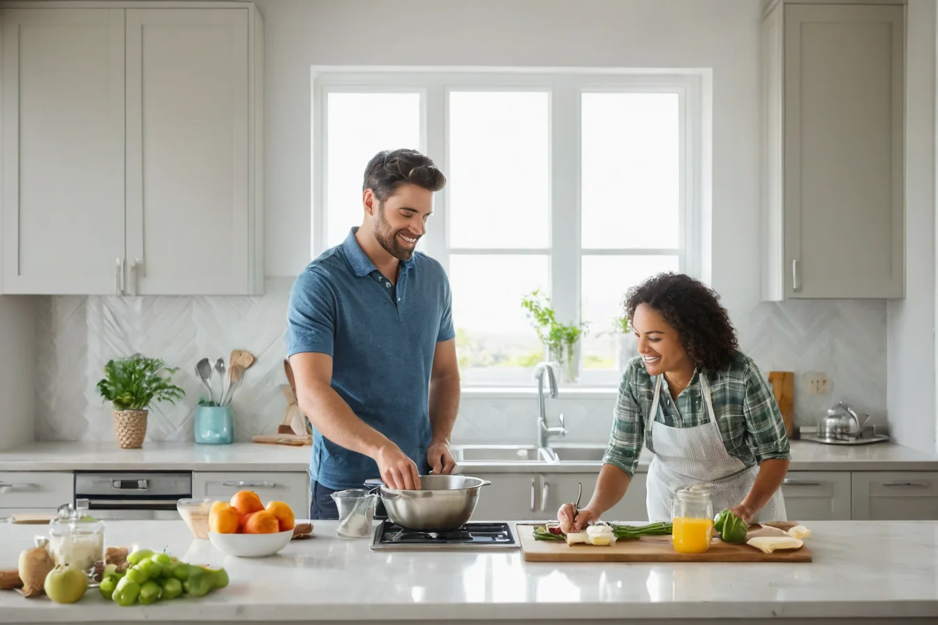 A man and woman happily cooking together in a bright modern kitchen with fresh produce.