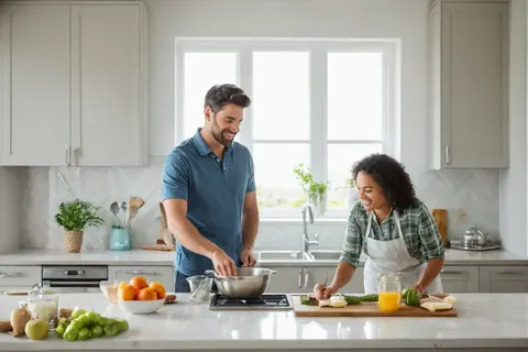 A man and woman happily cooking together in a bright modern kitchen with fresh produce.