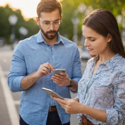 A man and woman outdoors using smartphones together during golden hour.