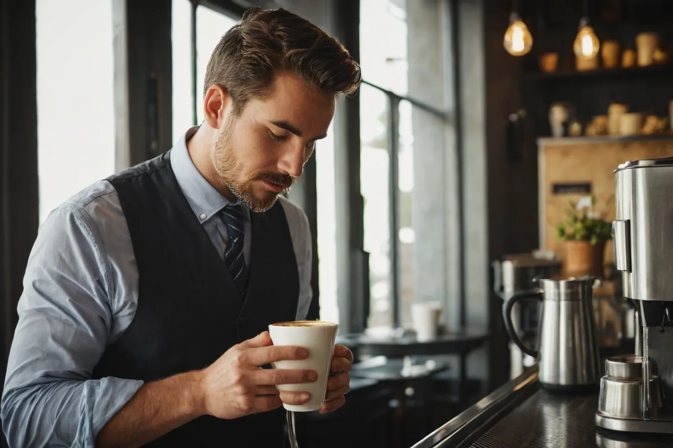 A man in a vest holding a coffee cup behind a cafe counter with coffee equipment.