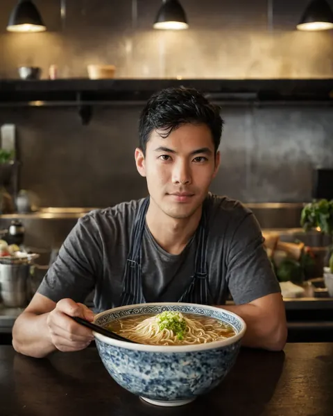 A man in an apron holds chopsticks over a steaming bowl of ramen in a restaurant.
