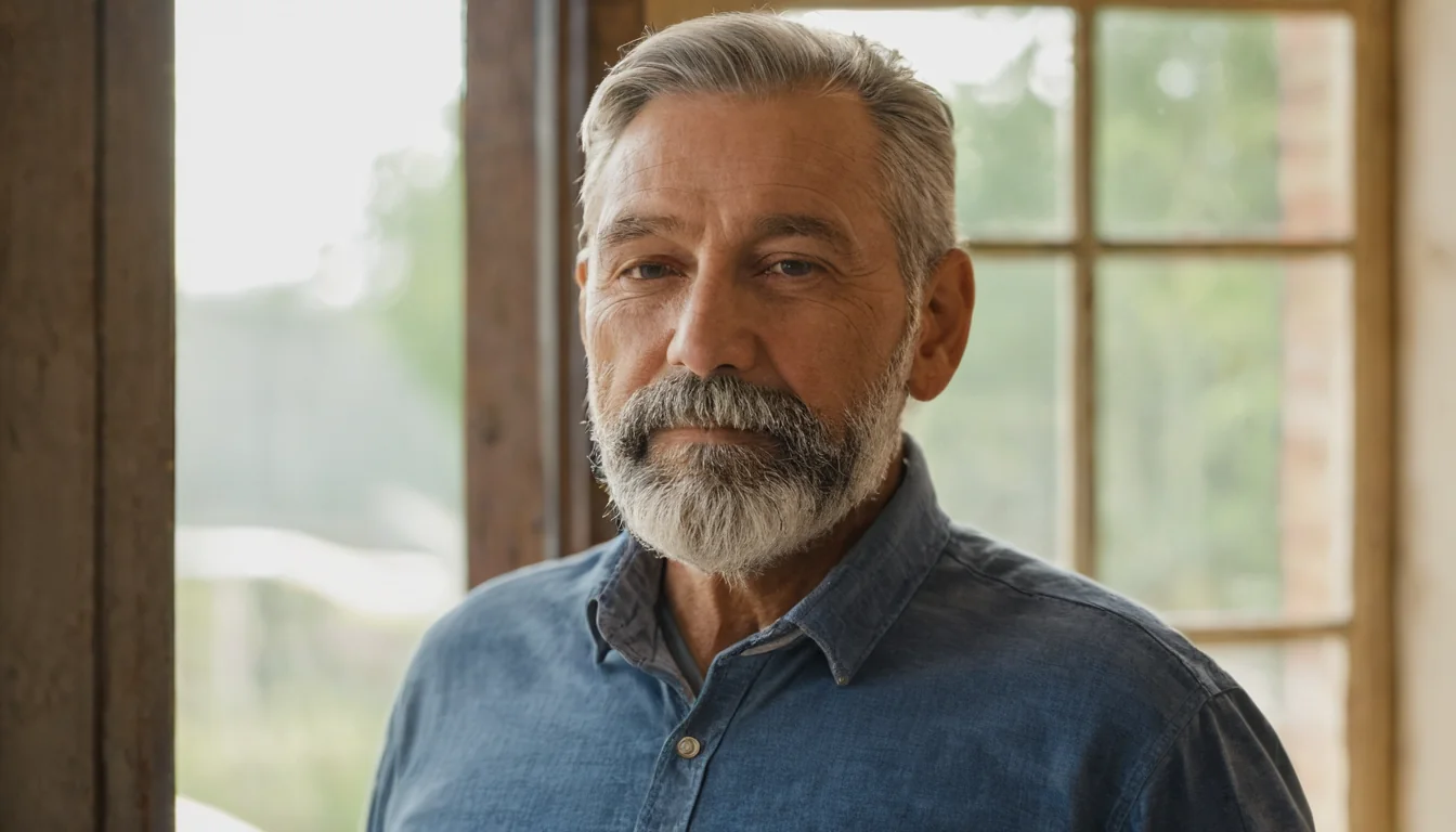 A mature man with gray hair and beard wearing a blue shirt indoors near a window.