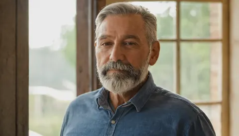 A mature man with gray hair and beard wearing a blue shirt indoors near a window.