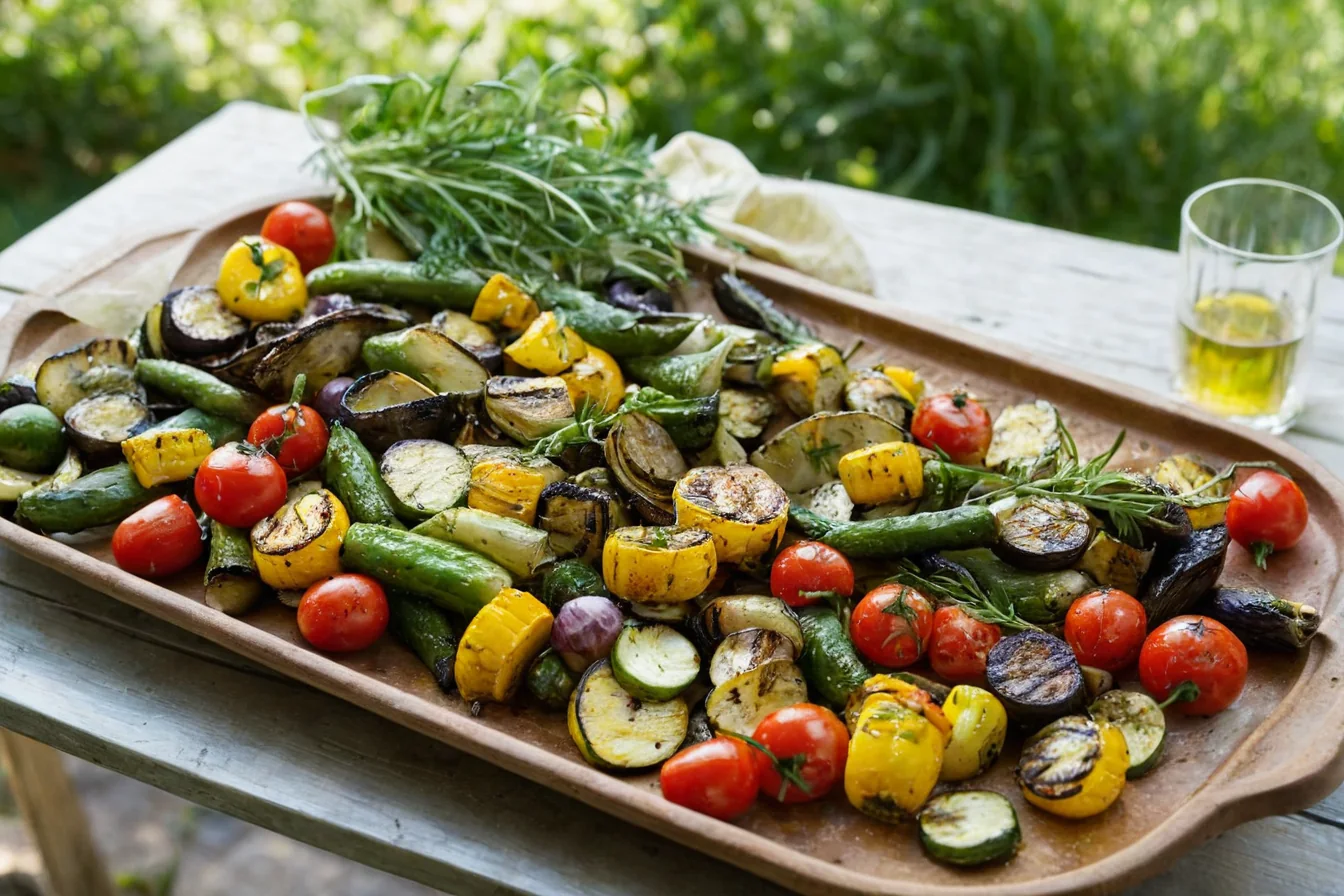 A tray of grilled vegetables with fresh herbs on a wooden table outdoors.