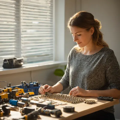 A woman arranging metal type pieces on a wooden desk near a sunlit window with blinds.