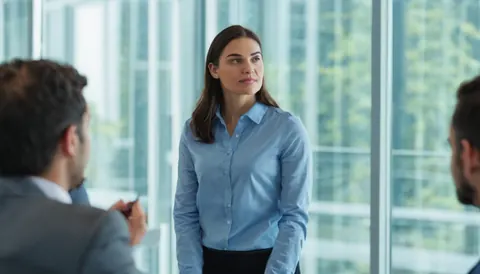 A woman in a blue shirt stands between two men during a business meeting in a modern office.