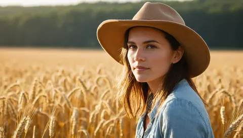 A woman in a brown hat and denim shirt stands in a golden wheat field at sunset with a forested hill in the background.
