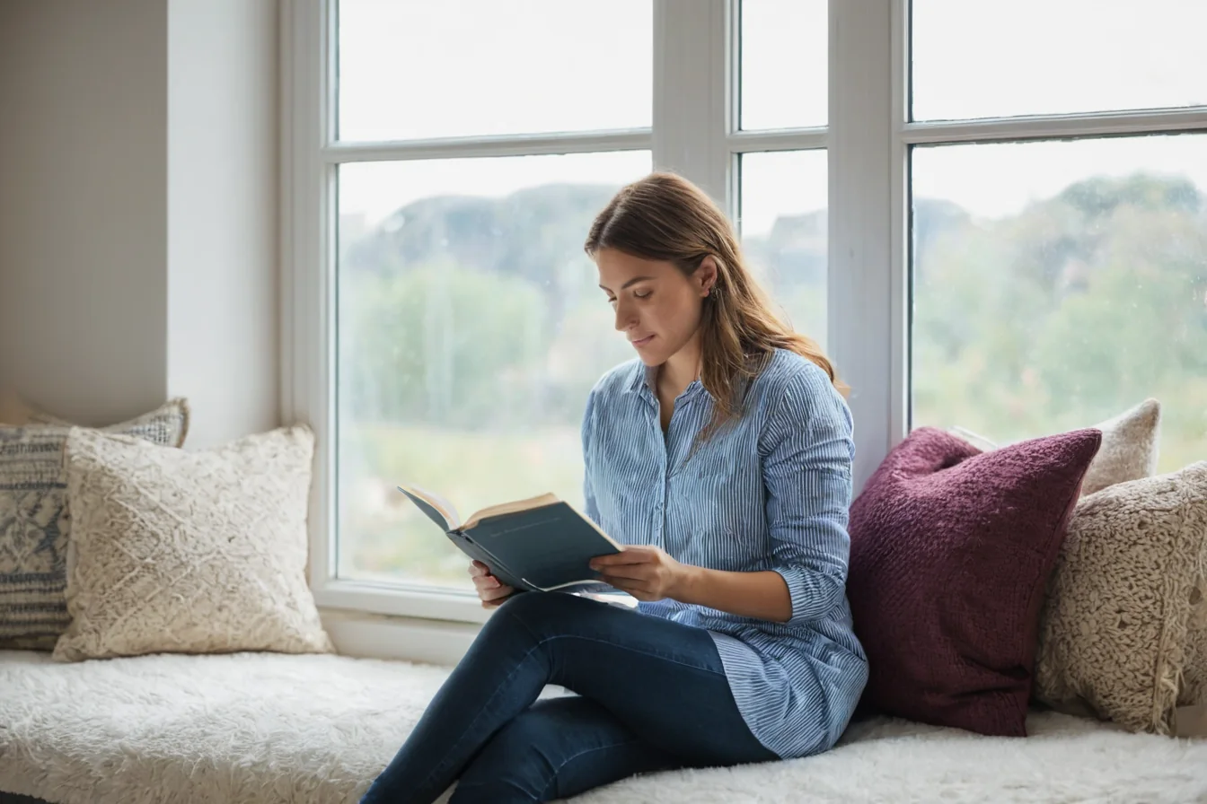 A woman reading a book on a window seat with pillows and natural light