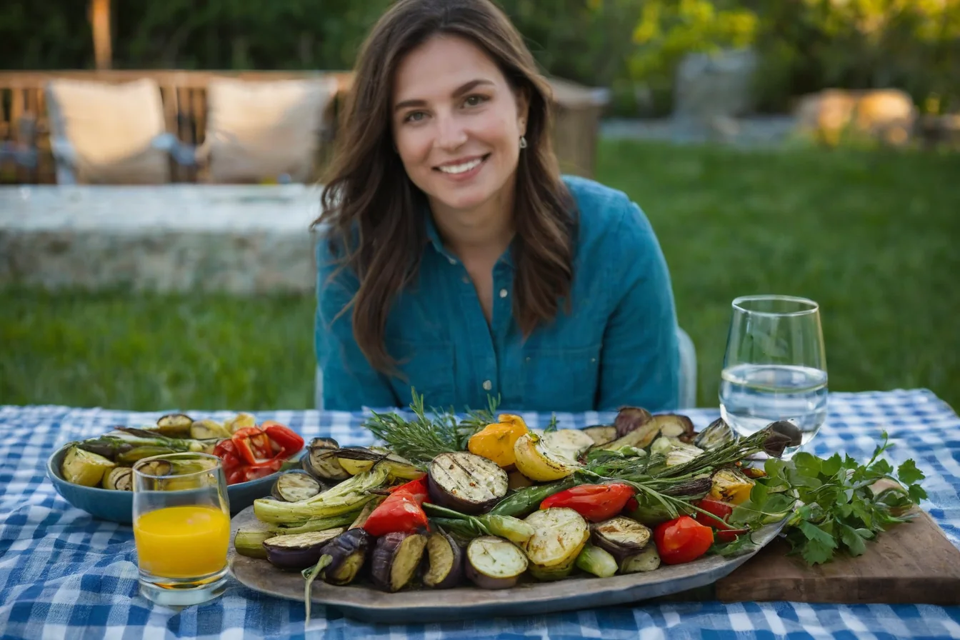 A woman smiles while seated at an outdoor table with grilled vegetables and drinks.