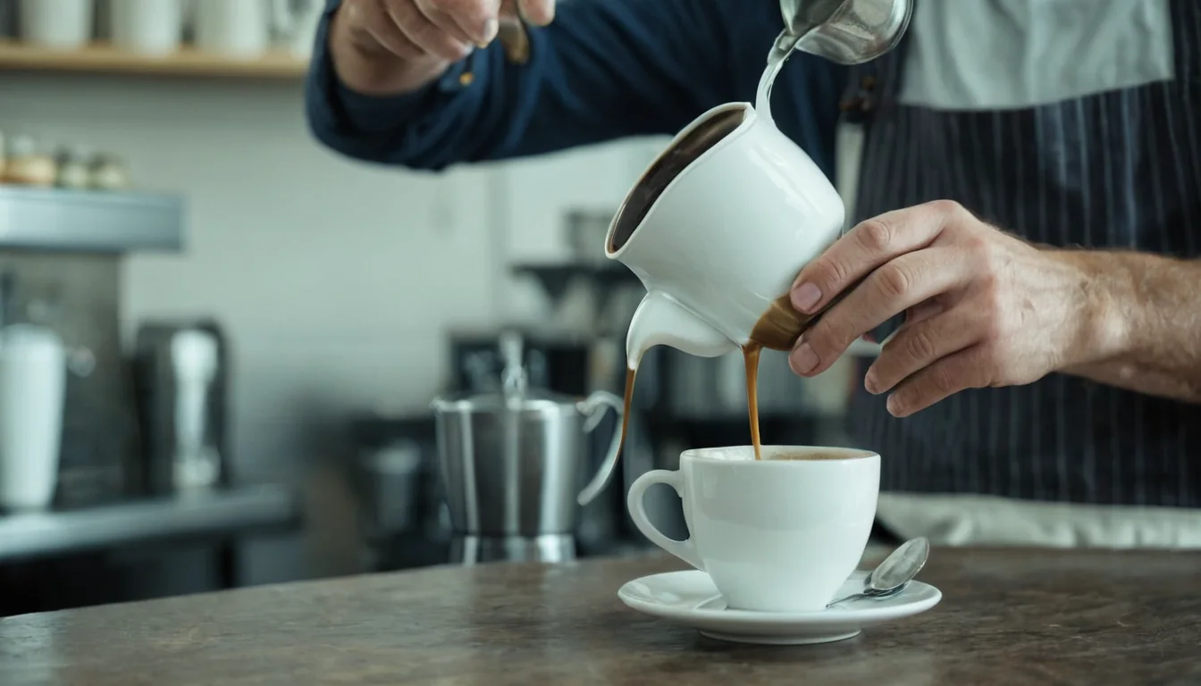 Barista pouring espresso into a white cup on a wooden counter
