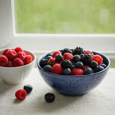 Bowl of mixed berries beside a bowl of raspberries on a linen tablecloth by a window.
