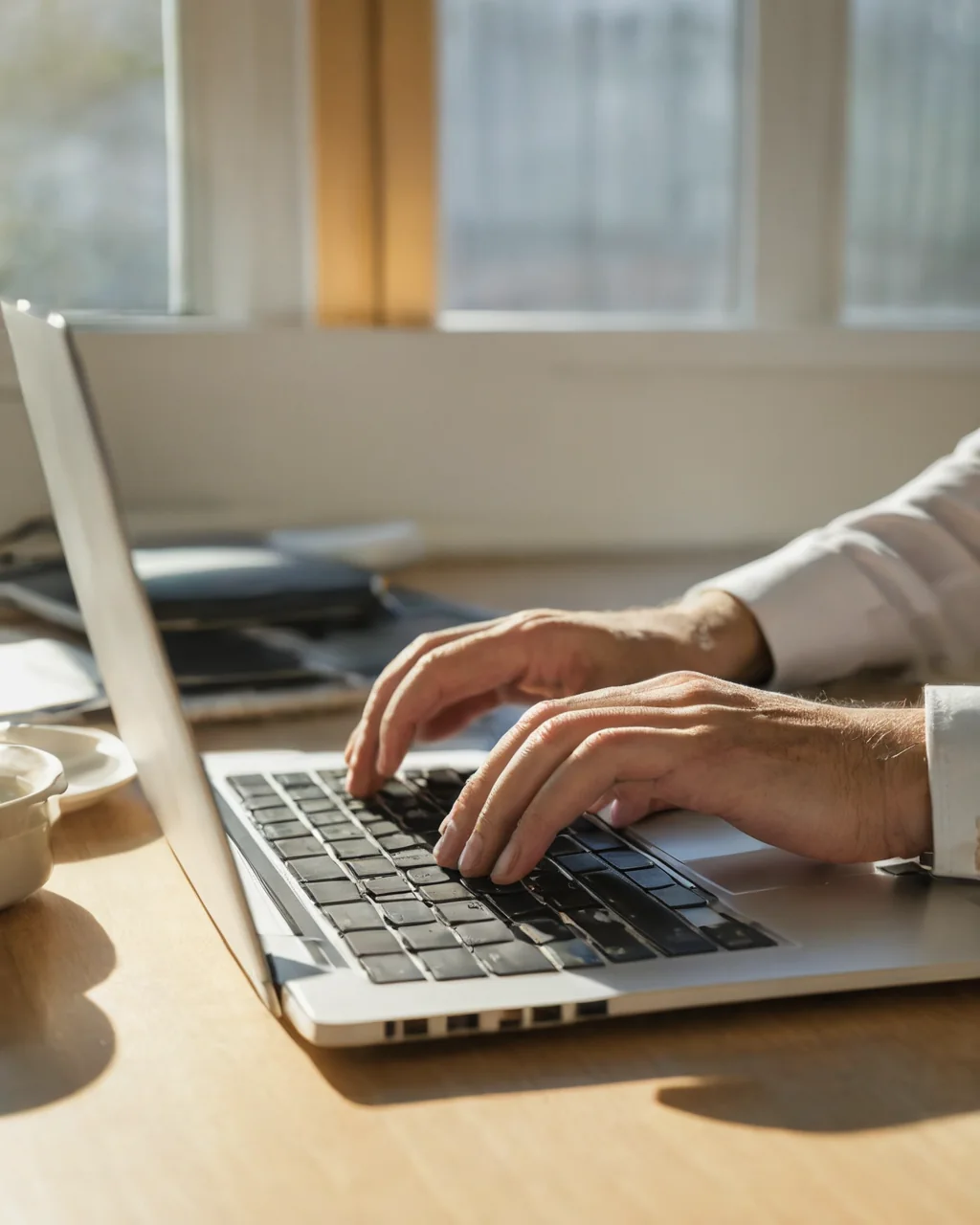 Close-up of hands typing on a laptop keyboard in a sunlit wooden desk workspace.