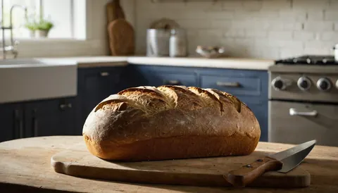 Freshly baked artisan bread on a wooden cutting board with a knife beside it in a kitchen.