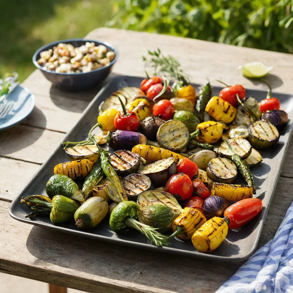 Grilled vegetables on a wooden table with a bowl of beans and a lime wedge nearby.