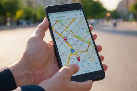 Hand holding smartphone with map app showing location pins in city setting