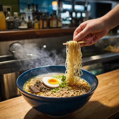 Hand lifting steaming ramen noodles from a blue bowl with egg and beef.