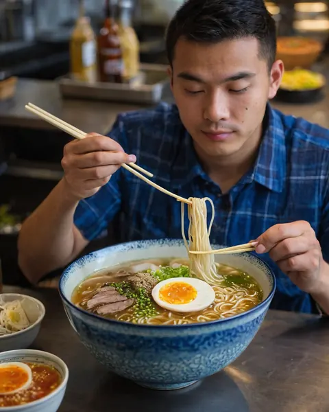 Man eating ramen with chopsticks in a restaurant