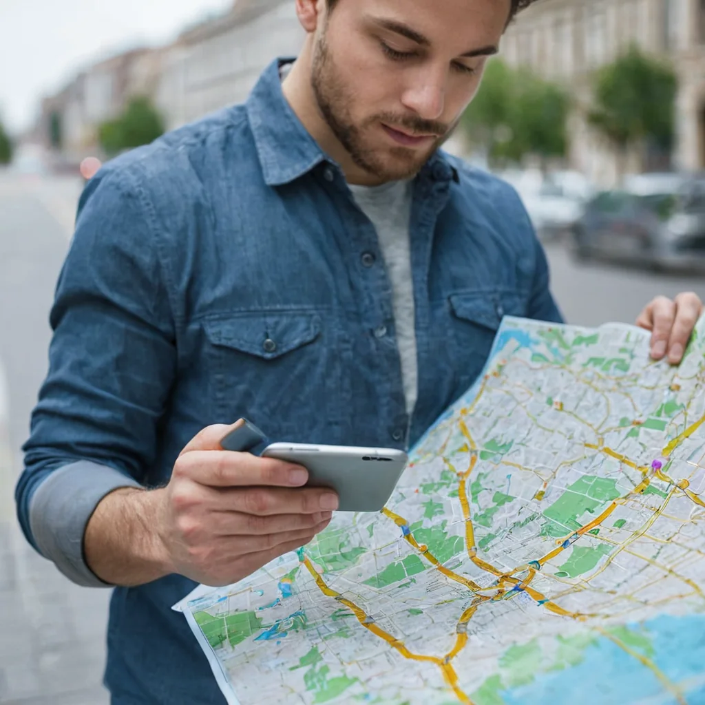 Man holding phone and paper map on city sidewalk