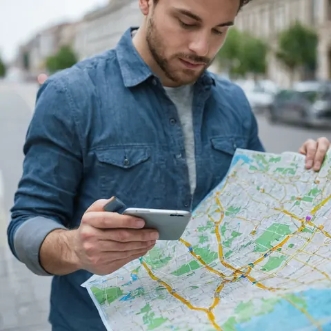 Man holding phone and paper map on city sidewalk