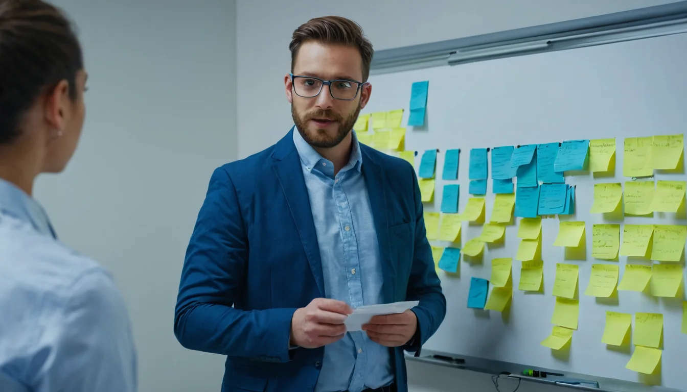 Man in blue blazer holding paper talking to woman near whiteboard with sticky notes