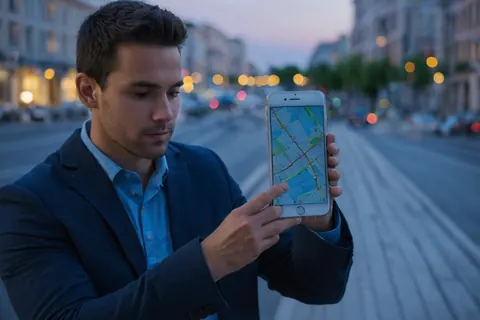Man in blue blazer using smartphone map on city sidewalk at dusk