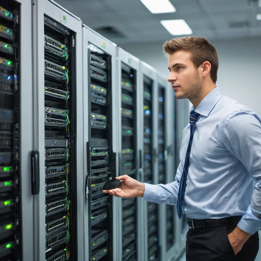 Man in blue shirt and tie inspecting server racks with glowing green lights in data center
