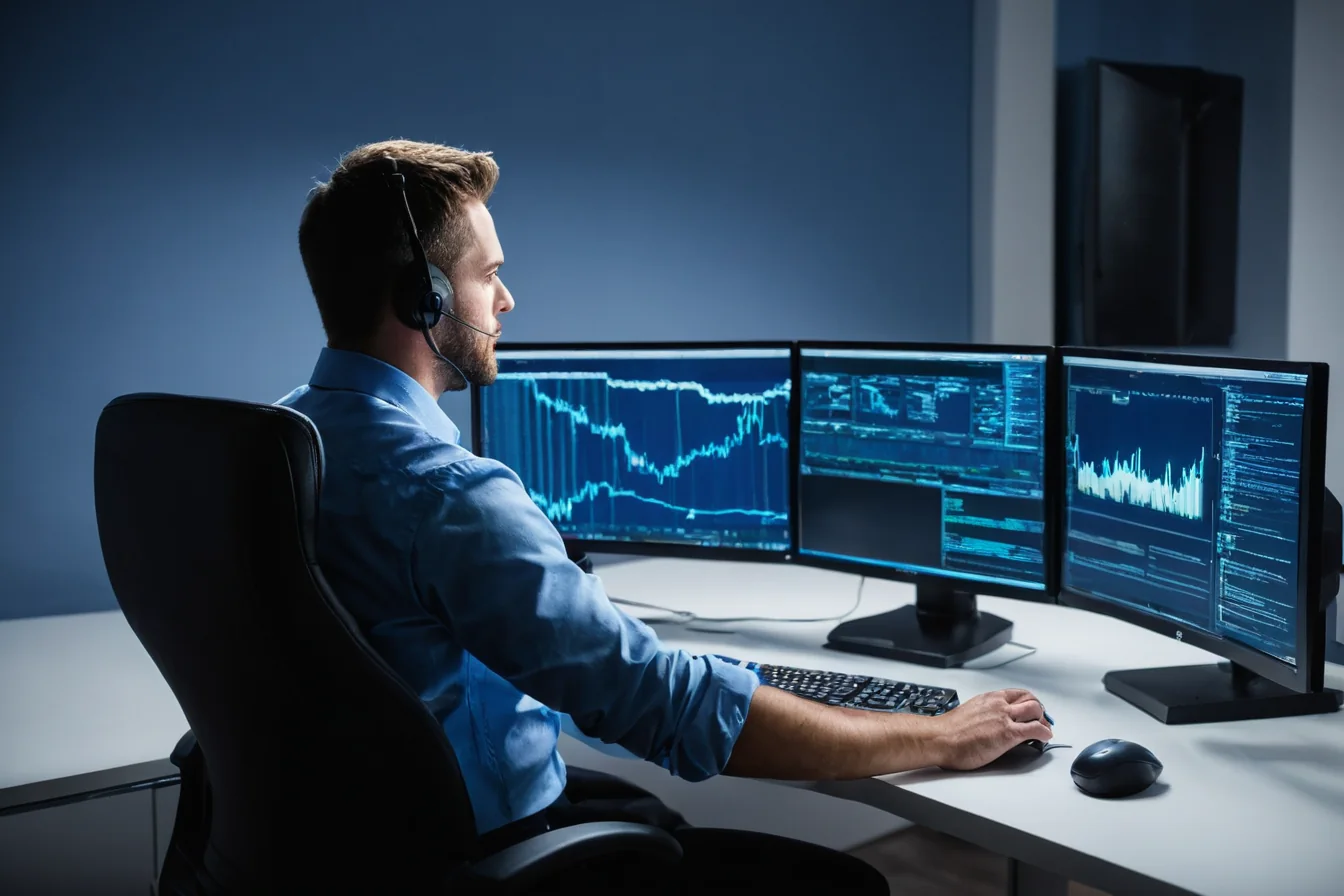 Man in blue shirt using computer with three monitors showing financial data and code