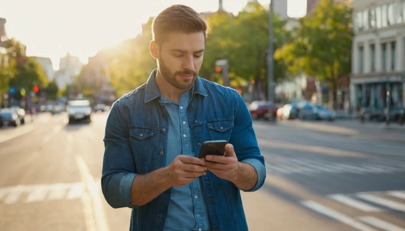 Man in denim jacket using phone on busy city street at sunset
