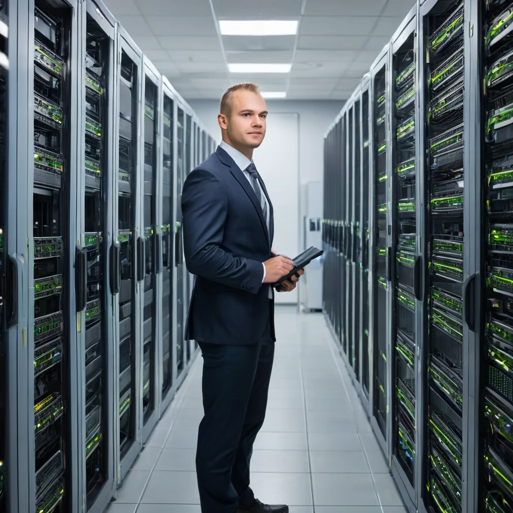 Man in suit holding tablet standing between server racks in data center
