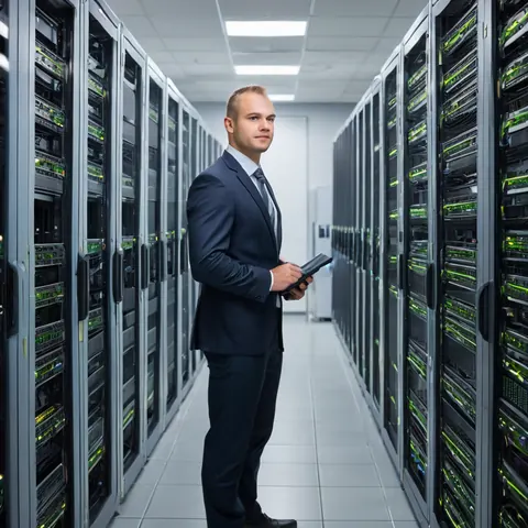Man in suit holding tablet standing between server racks in data center