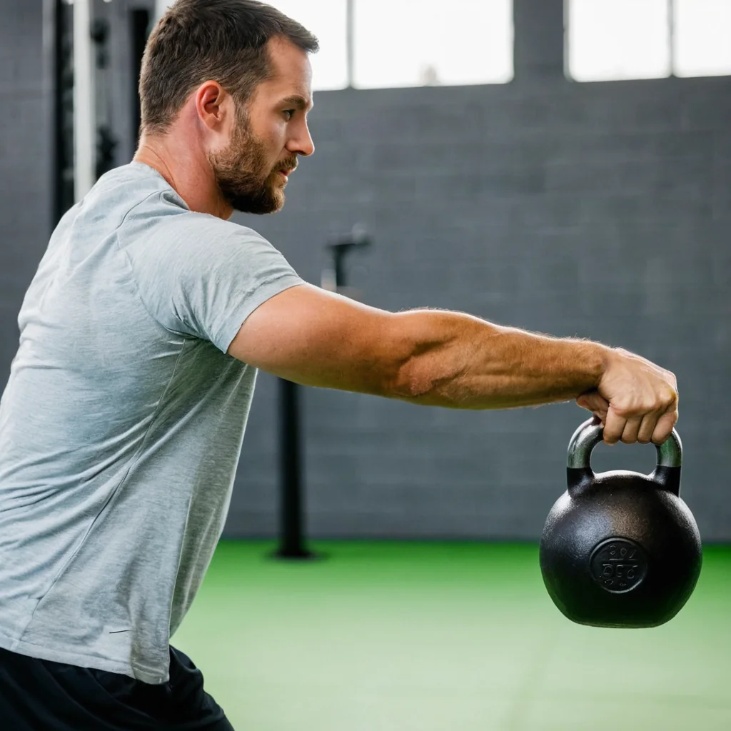 Man lifting a 20kg kettlebell in a gym with green flooring and gray walls.
