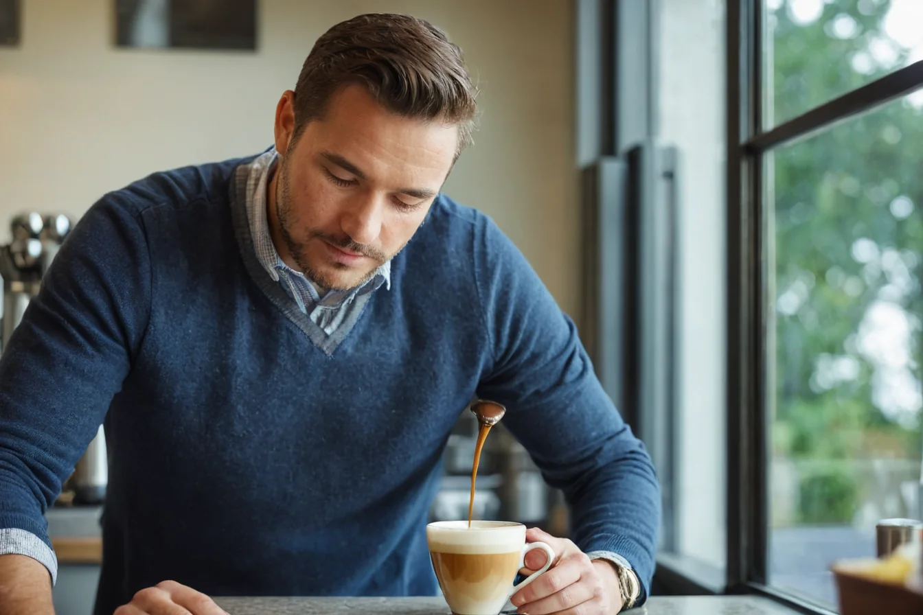 Man pouring syrup into coffee cup at cafe window