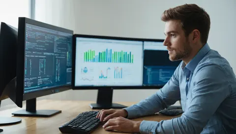 Man typing on keyboard analyzing data charts and code on three monitors in office