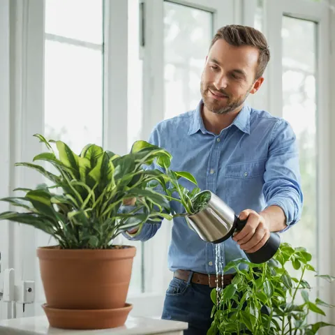 Man watering houseplants with a steel pitcher near a window