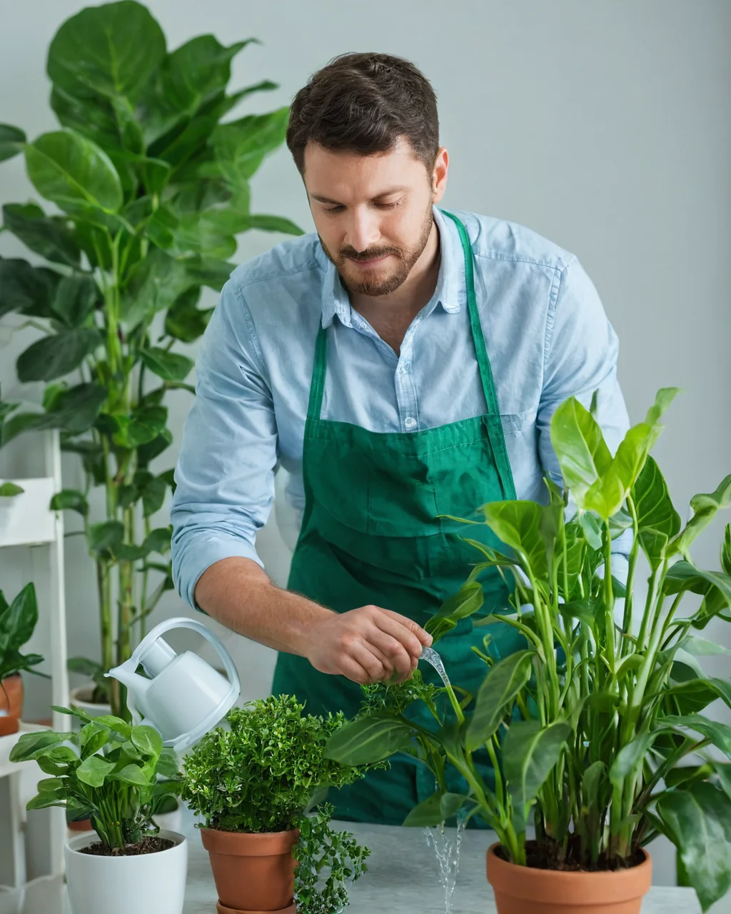 Man watering houseplants with a white watering can indoors