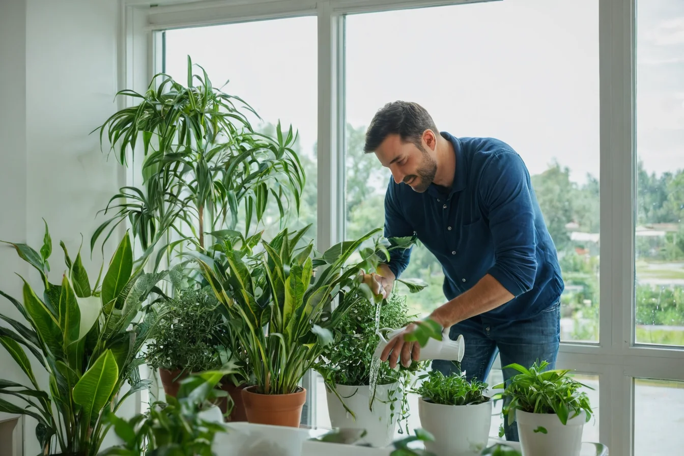 Man watering potted plants by a large window indoors