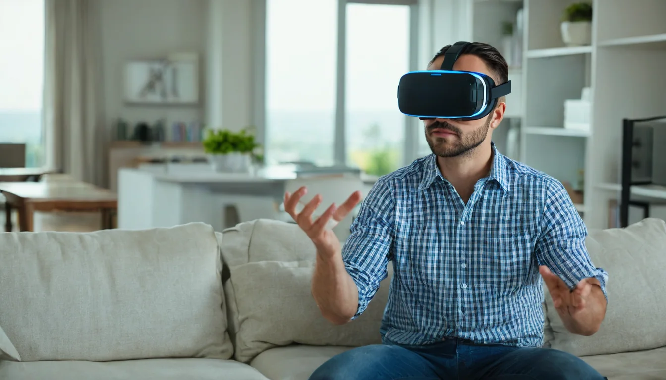 Man wearing VR headset gesturing while seated on couch in modern living room