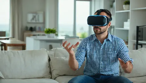 Man wearing VR headset gesturing while seated on couch in modern living room