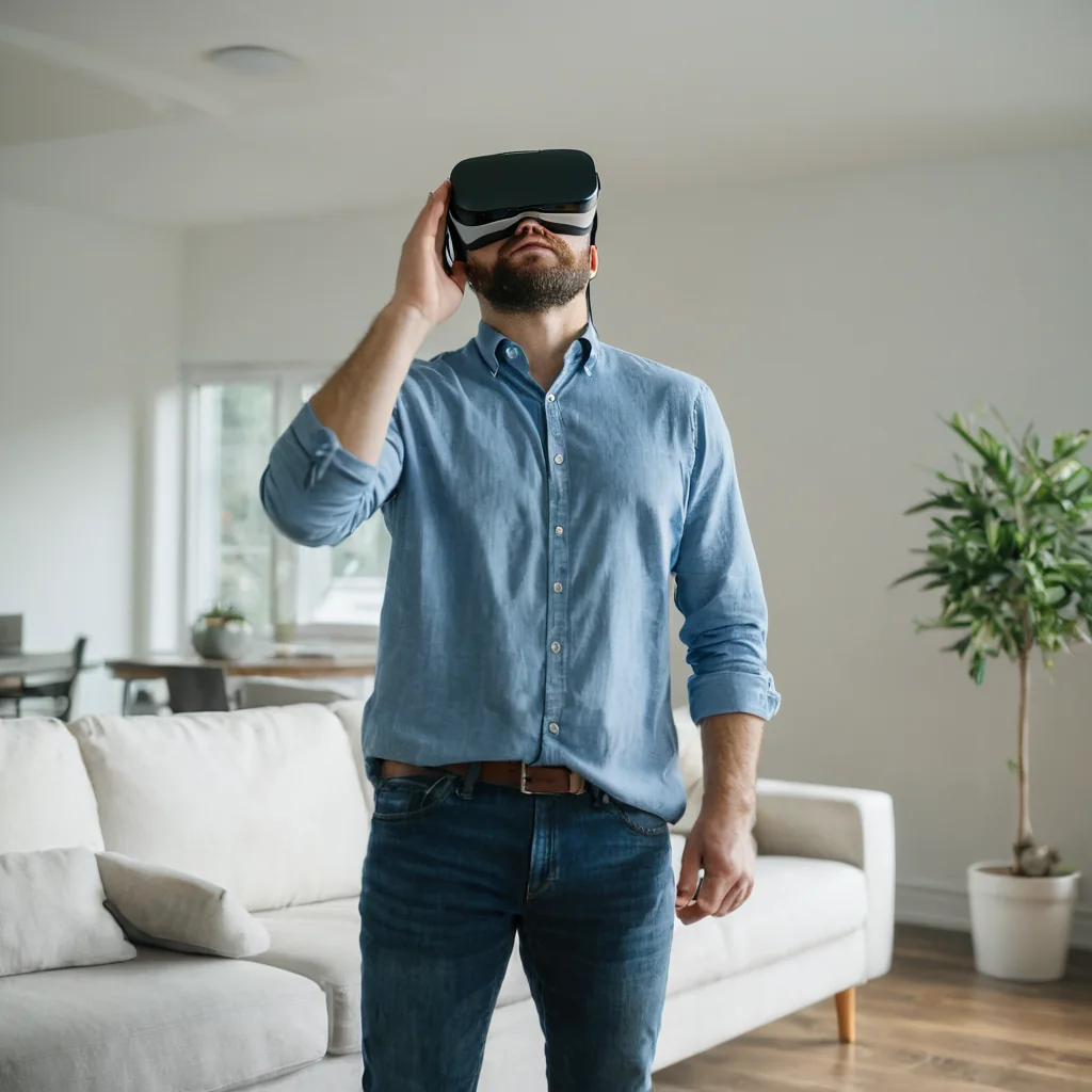 Man wearing VR headset in modern living room adjusting device