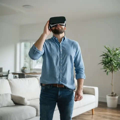 Man wearing VR headset in modern living room adjusting device