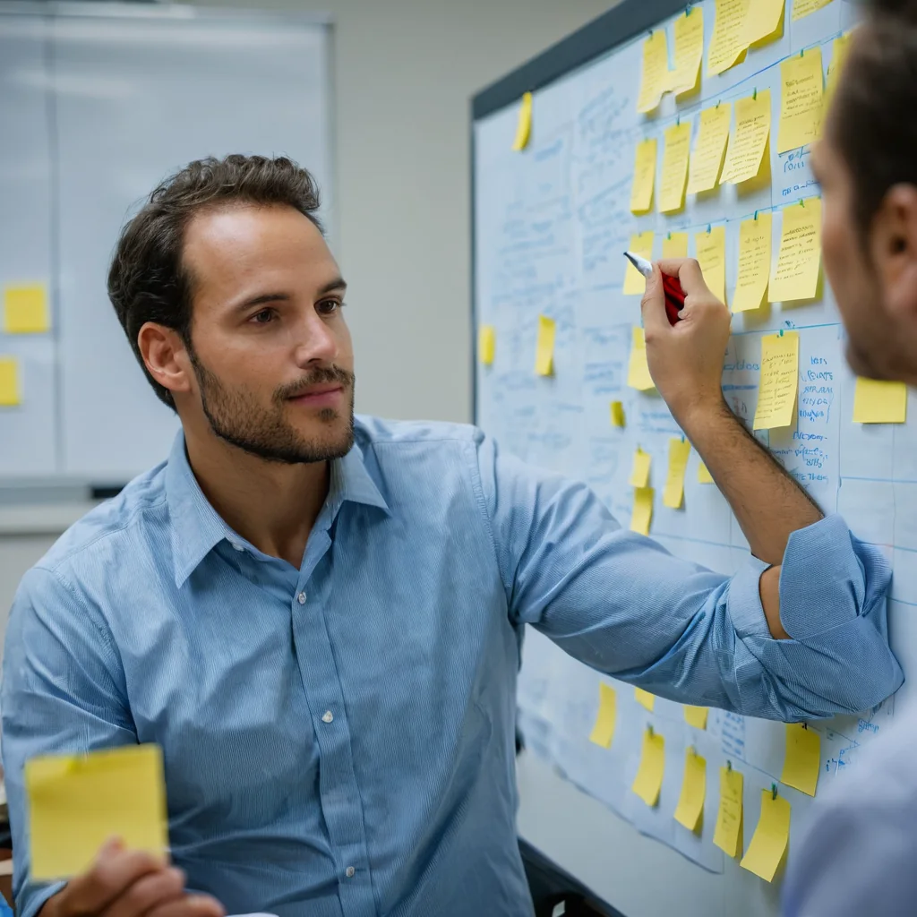 Man writing on whiteboard with sticky notes during team meeting