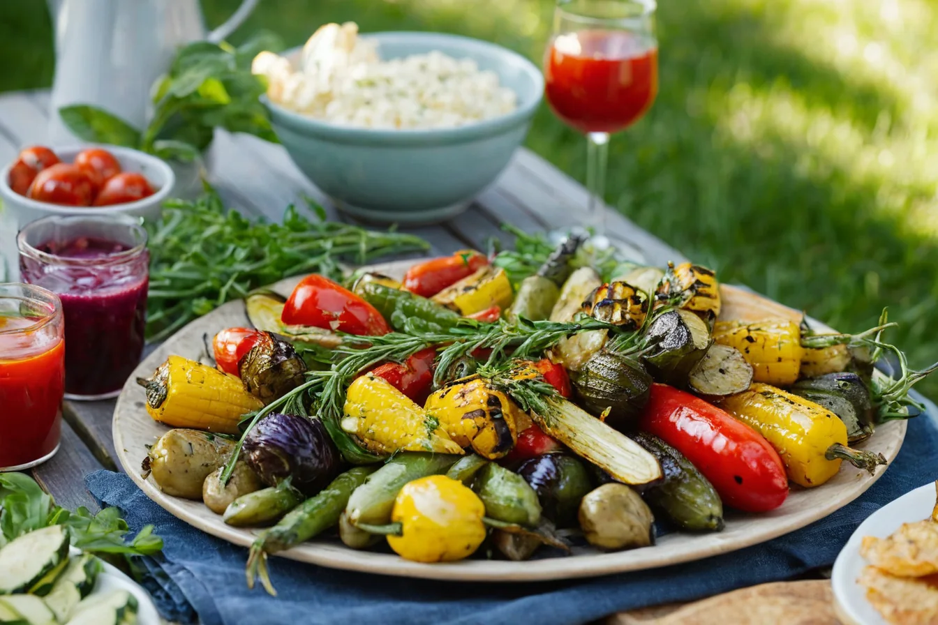 Platter of grilled vegetables with rosemary on wooden table outdoors with sauces and wine