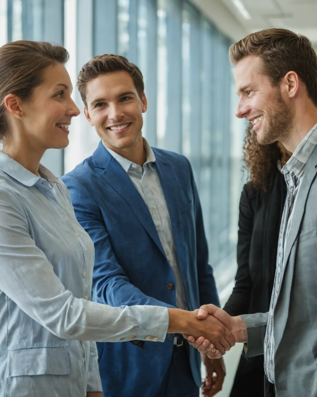 Three business professionals shaking hands in a modern office setting.