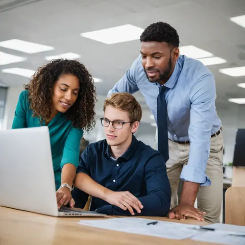 Three colleagues gathered around a laptop in an office setting discussing work.