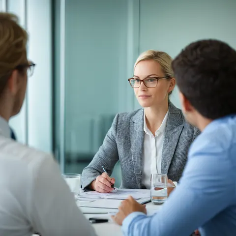 Three professionals in a meeting reviewing documents at a white table in a modern office.