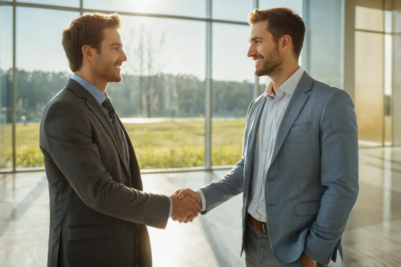 Two men in business suits shaking hands in a bright modern office with glass walls and greenery visible outside.